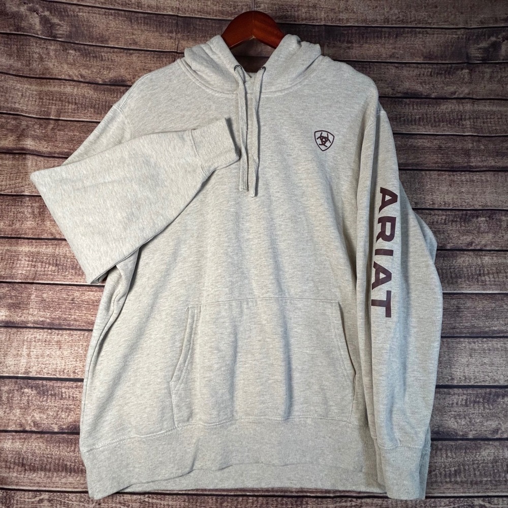 Ariat Real Womens XXL Oatmeal Heather Grey Logo Sleeve Fleece Hoodie Sweatshirt